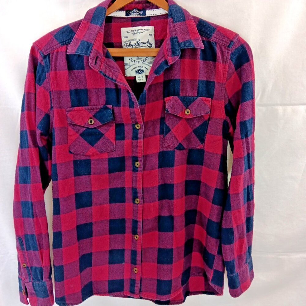 Small Tokyo Laundry Shirt Womens Red Or Pink Navy Check Button Up Japan Plaid